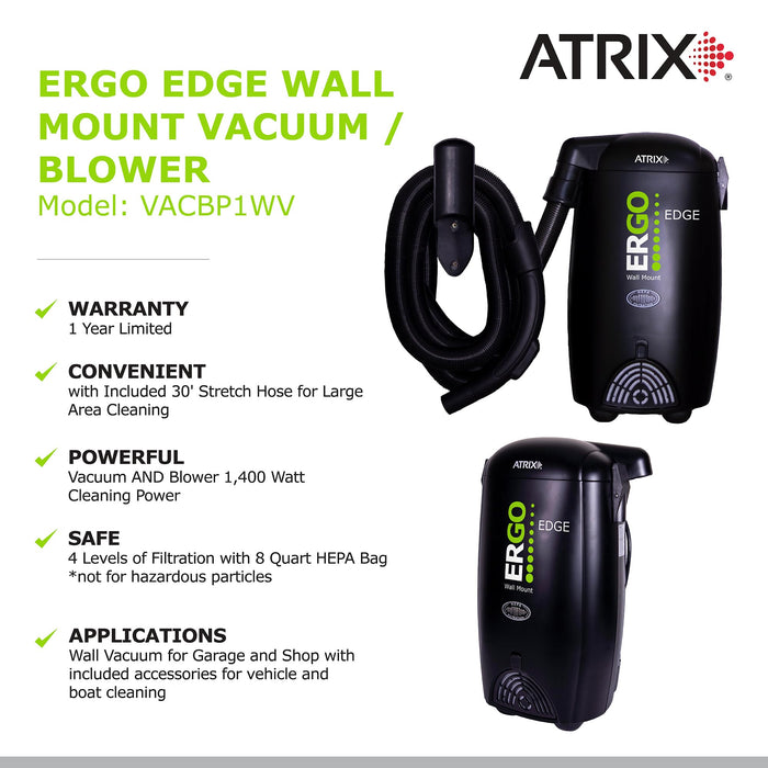 Atrix Ergo Edge Canister Shop Vac-Wall Mounted Garage Vacuum Cleaner with Built-in Dust Bag & Extendable Hose-Compact Black Design, 20 x 9 x 12