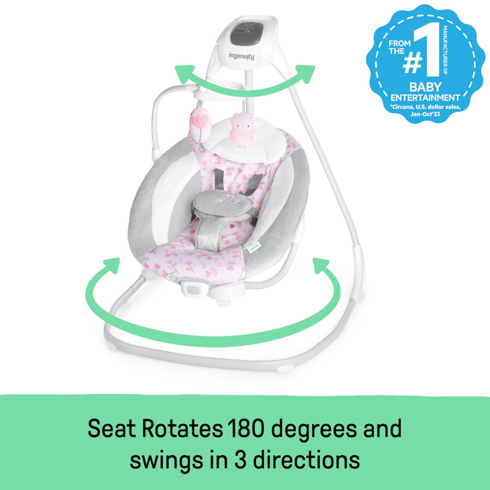 Ingenuity SimpleComfort Lightweight Compact 6-Speed Multi-Direction Baby Swing, Vibrations & Nature Sounds, 0-9 Months 6-20 lbs (Pink Cassidy)