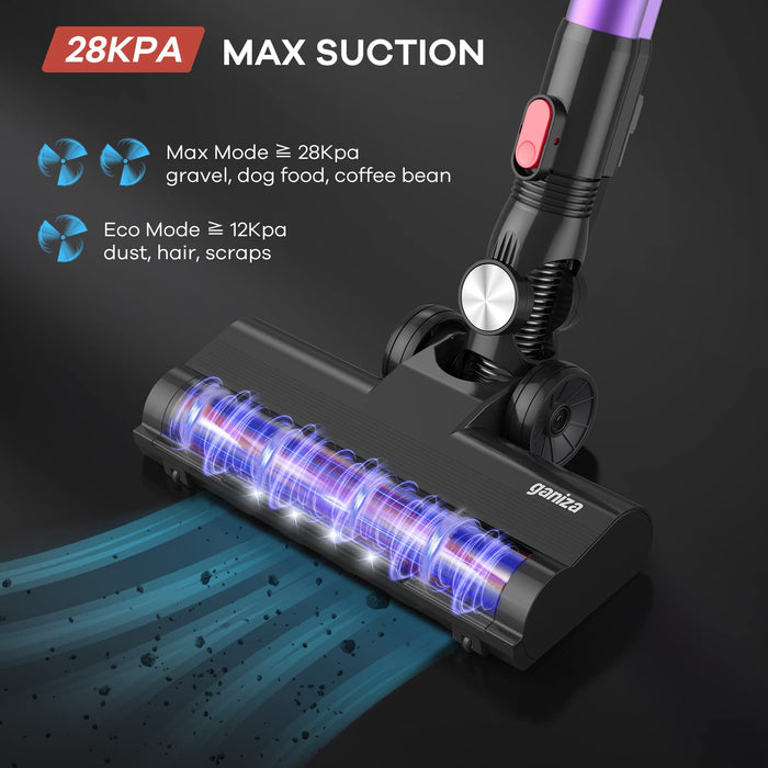 Ganiza Cordless Vacuum Cleaner, Stick Vacuum 28Kpa Powerful Suction Hi-Speed Brushless Motor Up to 45 Minutes Runtime, 6-in-1 V25 Lightweight Vacuum LED Headlight for Floor Carpet Pet Hair