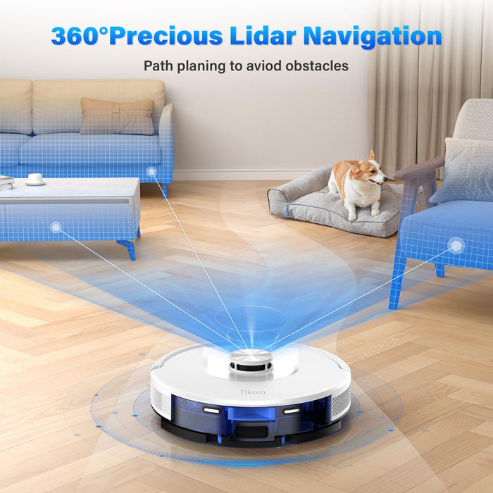 Tikom Robot Vacuum and Mop, L8000 Laser LiDAR Navigation Robotic Vacuum, 150Mins Max, 45dB, 14 No-Go Zones, 20 Virtual Walls, Self-Charging, Good for Pet Hair, Carpet, Hard Floor, White