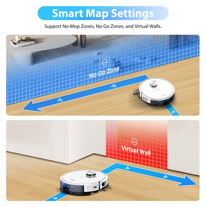 Tikom Robot Vacuum and Mop Combo, LiDAR Navigation, L9000 Robotic Vacuum Cleaner, 4000Pa Suction, 150Mins Max, Smart Mapping, 14 No-go Zones, Good for Pet Hair, Carpet, Hard Floor, White