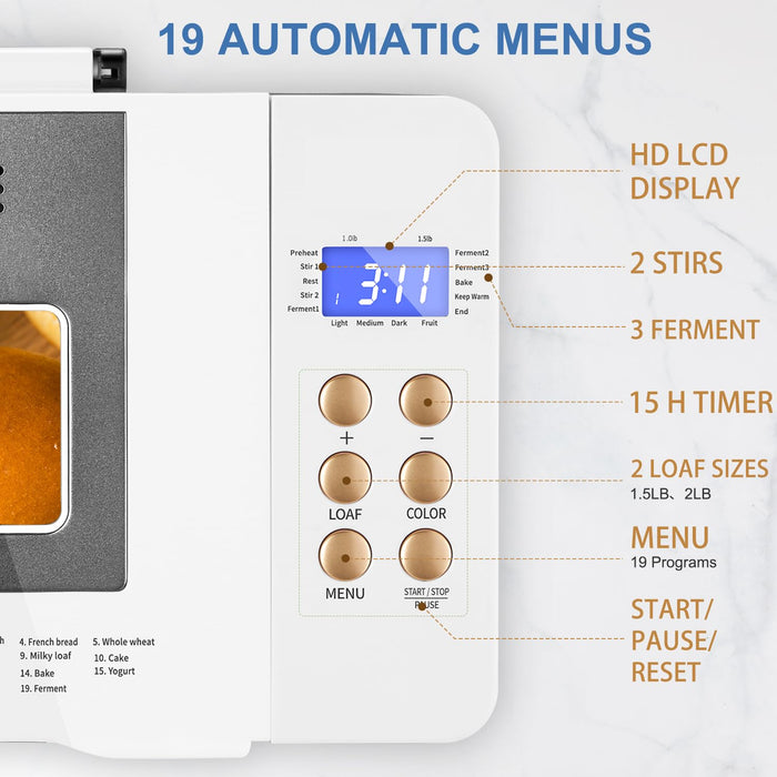 KEEPEEZ 2LB Bread Maker Smart Dual-Heaters, 19-in-1 Stainless Steel Horizontal Bread Machine with Gluten-Free, Sourdough, Pizza, Dough, Stir-Fry Setting, 3 Crust Colors, Nonstick Pan, Master Recipes