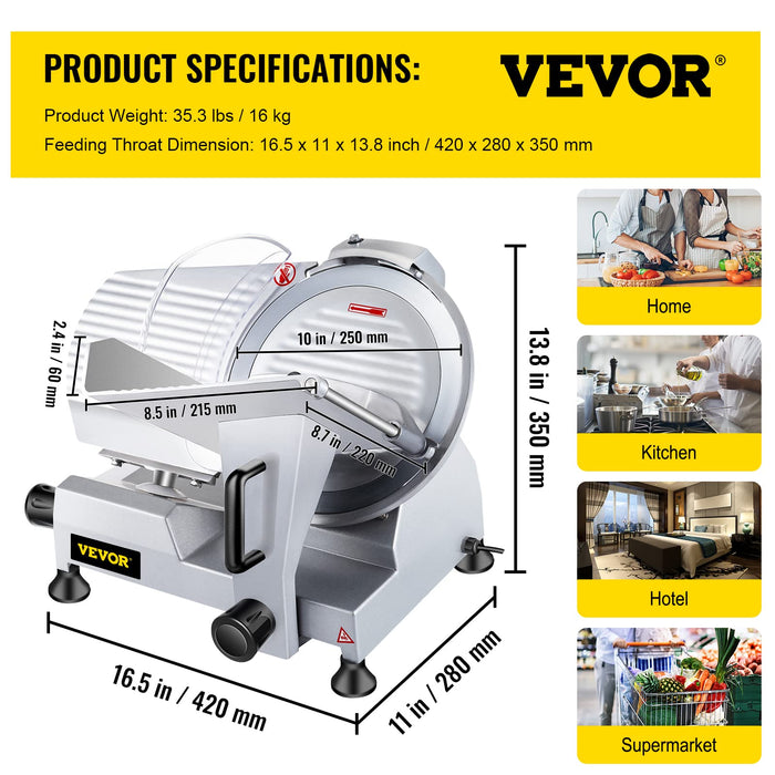 VEVOR Commercial Meat Slicer, 10 inch Electric Food Slicer, 240W Frozen Meat Deli Slicer, Premium Chromium-plated Steel Blade Semi-Auto Meat Slicer For Commercial and Home use (10IN-240W)