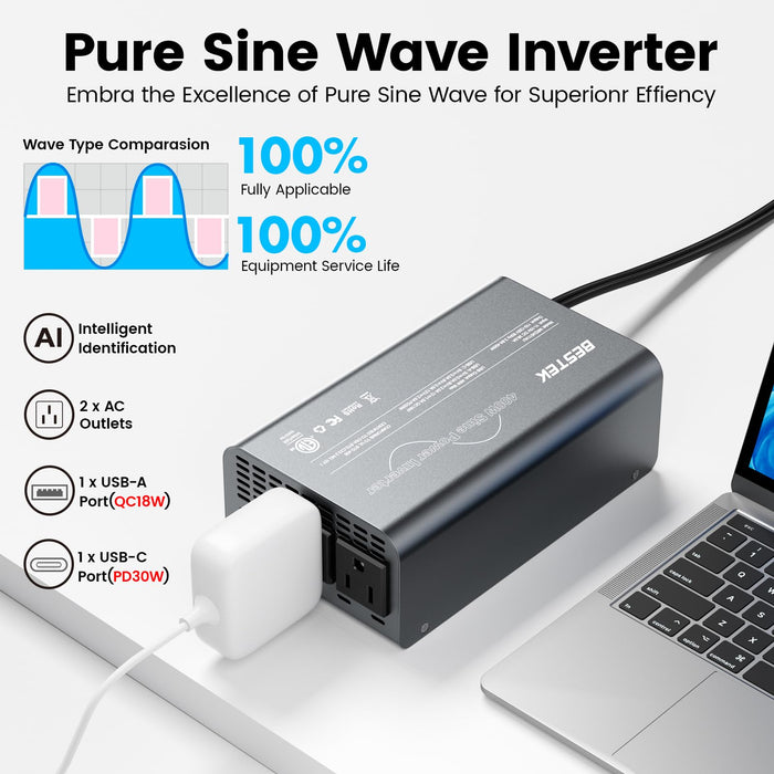 BESTEK 400W Pure Sine Wave Power Inverter - DC 12V to 110V AC Converter, Fast Car Charger Adapter with 30W USB-C/18W Quick Charge/Dual 110V AC Outlet, Car Plug Adapter Outlet for Laptop