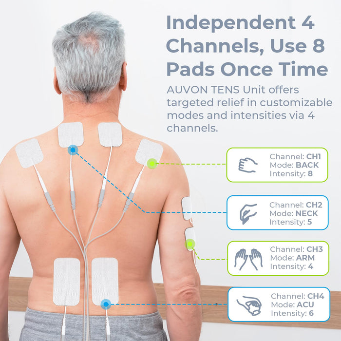 AUVON 4 Outputs TENS Unit 24 Modes Muscle Stimulator with EVA Travel Case, Rechargeable TENS EMS Machine with Easy-to-Select Button Design for Pain Relief, 2X Battery Life, 10 Electrode Pads