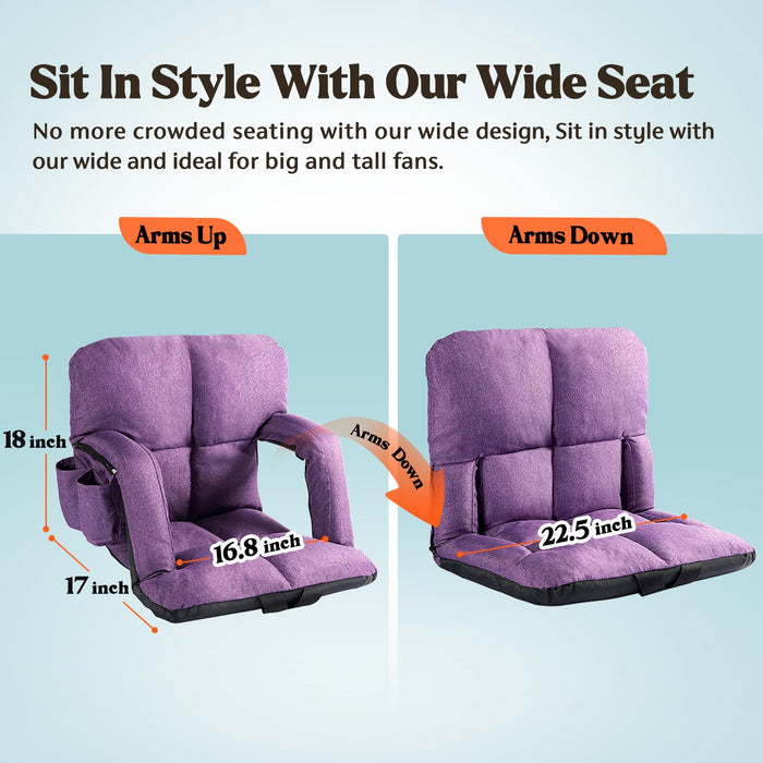 Wide Stadium Seats with Back Support, Bleacher Chairs with Comfy Cushion, 6 Reclining Positions Stadium Chair, Stadium Seat Bleacher Chairs with Armrests for Sport Events, Camping, Beaches(Purple)