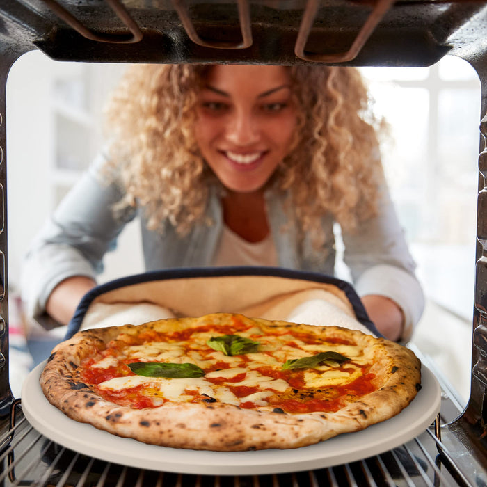 16" Pizza Stone for Oven & Grill with Handles - Natural Cordierite Baking Stone Set with SS Rack & Plastic Scraper (1500 °F Resistant, Round, Large)