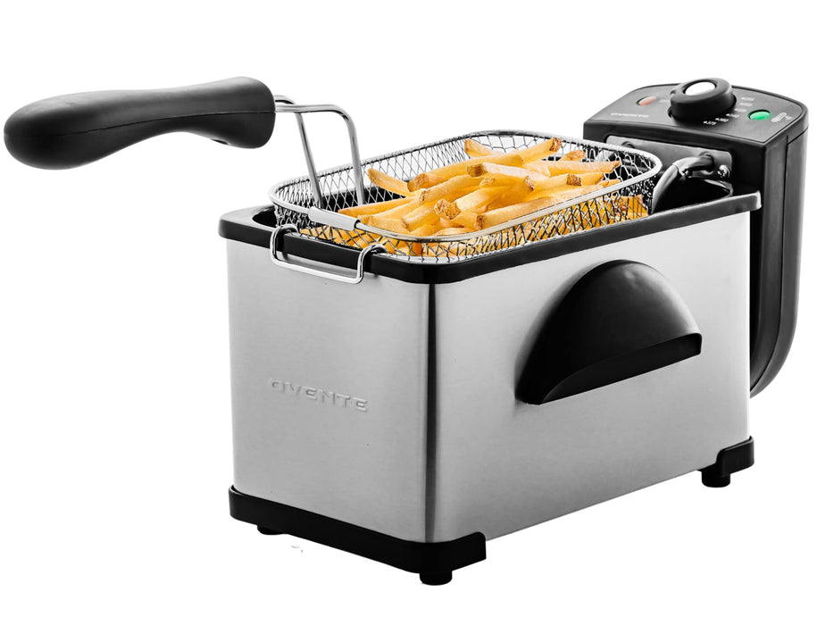 OVENTE Electric Deep Fryer 2 Liter Capacity, 1500 Watt Lid with Viewing Window and Odor Filter, Adjustable Temperature, Removable Frying Basket and Easy to Clean Stainless Steel Body, Silver FDM2201BR