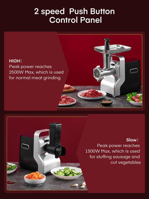 Meat Grinder Heavy Duty - 5 in1 Meat Grinder for Home Use - 3000W Max Powerful - Sausage Stuffer with 3 Stainless Steel Grinding Plates - Size #12