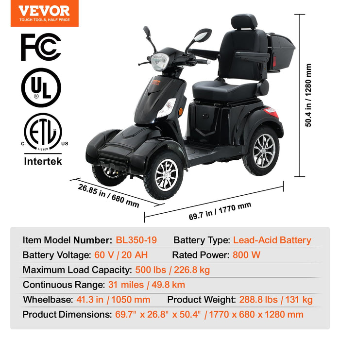 VEVOR Heavy Duty 4-Wheel Mobility Scooters for Seniors & Adults 500lbs Capacity - 31 Miles 3-Speed Long Range, 800W All Terrain Electric Recreational Scooter Wheelchair with 25° Max Climbing Capacity