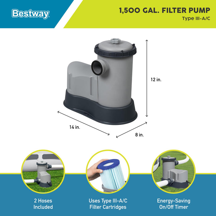 Bestway 58390E Flowclear 1500 GPH Filter Pump for 300 to 8,400 Gallon Above Ground Swimming Pool with Adaptors and Energy Saving Plug