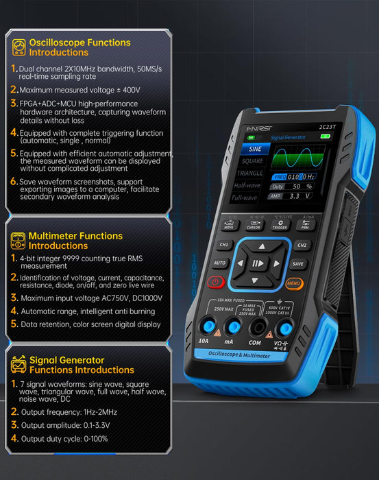 【Upgraded Model 2*P6100 Probe】 FNIRSI 3 in1 Oscilloscope/Multimeter/DDS Signal Generator with 2 Channels, 10MHz Bandwidth, 50MSa/s Sampling Rate, 10000 Counts, Voltage, Current, Capacitor, Resistor