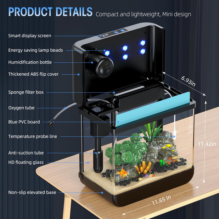 Fish Tank Aquarium 2.2 Gallon with Humidifier 7 Color Auto-Looping Light Self Cleaning 3 in 1 Pump with Filteration & Oxygenation & Circulation, Temperature Display, HD Float Glass, Thickened Base