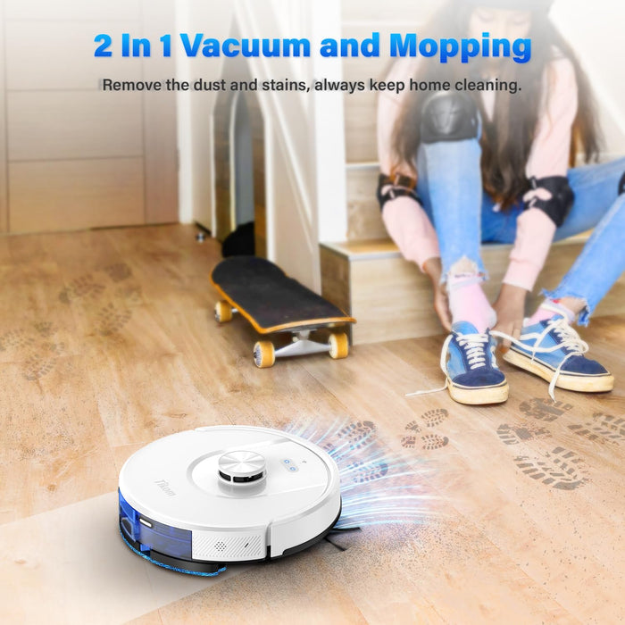 Tikom Robot Vacuum and Mop, L8000 Laser LiDAR Navigation Robotic Vacuum, 150Mins Max, 45dB, 14 No-Go Zones, 20 Virtual Walls, Self-Charging, Good for Pet Hair, Carpet, Hard Floor, White