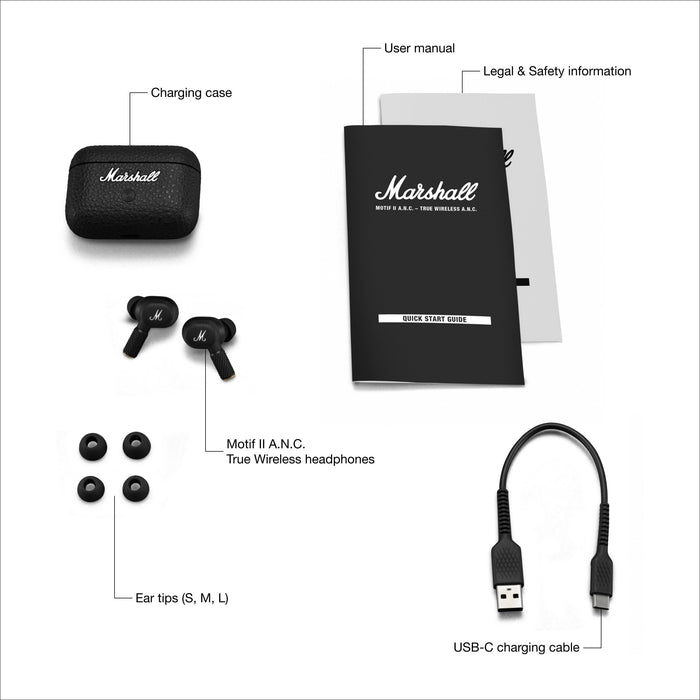 Marshall Motif II True Wireless Active Noise-Canceling Earbuds Headphones, Black