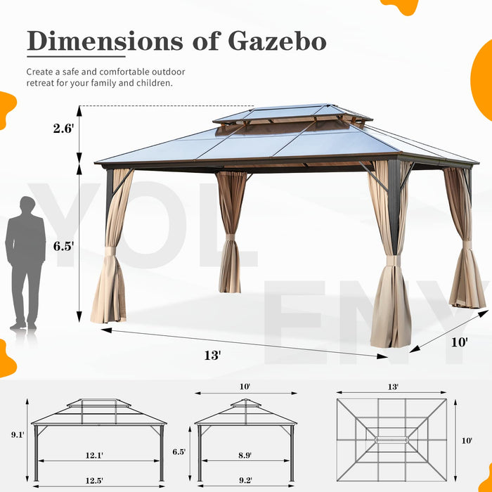 YOLENY 10'x13' Hardtop Gazebo, Outdoor Polycarbonate Double Roof Canopy, Aluminum Frame Permanent Pavilion with Curtains and Netting, Sunshade for Garden, Lawns, Patio