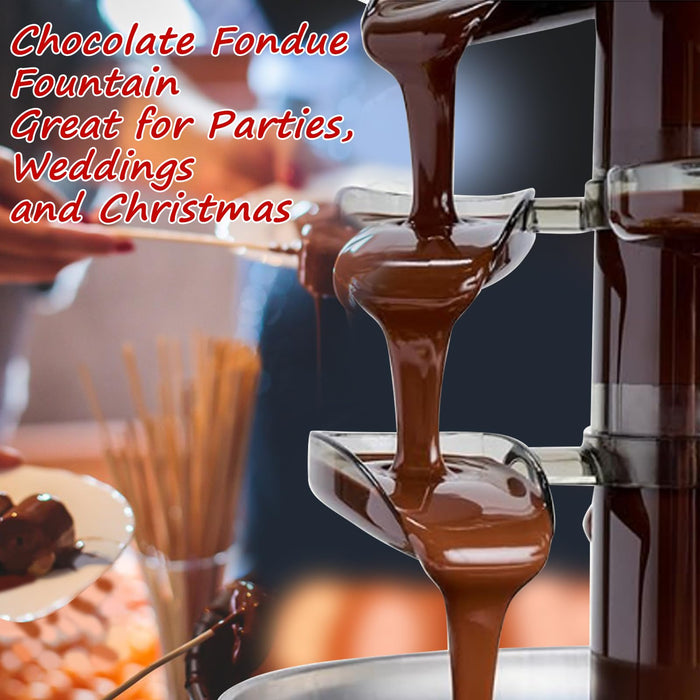 Stainless Steel Electric Chocolate Fondue Fountain Machine Chocolate Fountain 4 Tier, 2.5lb Capacity Hot Chocolate Capacity for Nacho Cheese, Sauce, Liqueuers, Christmas, Wedding, Birthday Party