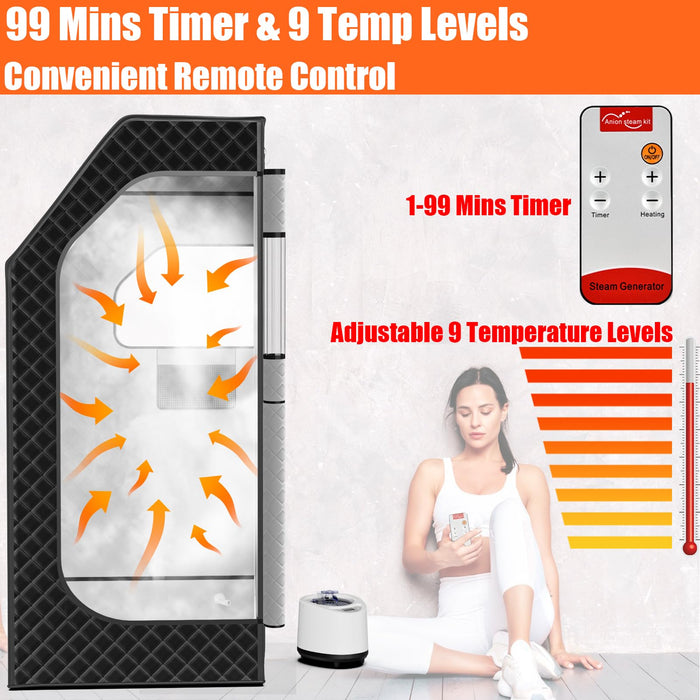 bsdonte Portable Sauna Box for Home, Personal Steam Sauna Tent with Timer, Remote Control, 1000W 2.6L Steamer, Folding Chair, 9 Levels Heating, Indoor Steam Room Full Body, Size 2.6’ x 2.6’ x 5.9’