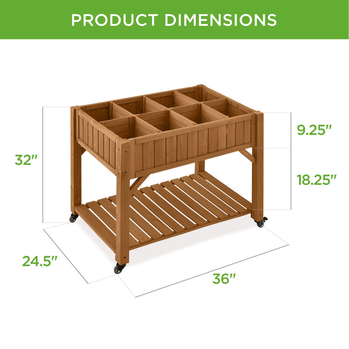 Best Choice Products Elevated 8 Pocket Herb Garden Bed, Mobile Raised Customizable Wood Planter for Herbs, Vegetables, Flowers w/Lockable Wheels, Storage Shelf, Drainage Holes - Acorn Brown