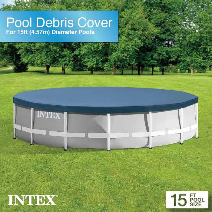 INTEX 28032E Pool Cover: for 15ft Round Metal Frame Pools – includes Rope Tie – Drain Holes – 10in Overhang – Snug Fit