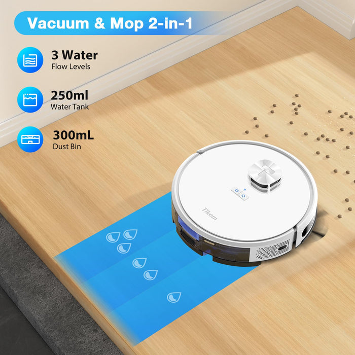 Tikom Robot Vacuum and Mop Combo, LiDAR Navigation, L9000 Robotic Vacuum Cleaner, 4000Pa Suction, 150Mins Max, Smart Mapping, 14 No-go Zones, Good for Pet Hair, Carpet, Hard Floor, White