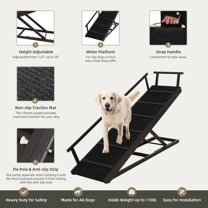 PANTAZO Pet Ramp Folding Portable Wooden Dog & Cat Ramp for Couch or Bed, Including Non Slip Mat & Safety Side Rails, 64.2 Inch Long and Height Adjustable from 13.4 Inch to 38 Inch Up to 110 Lbs