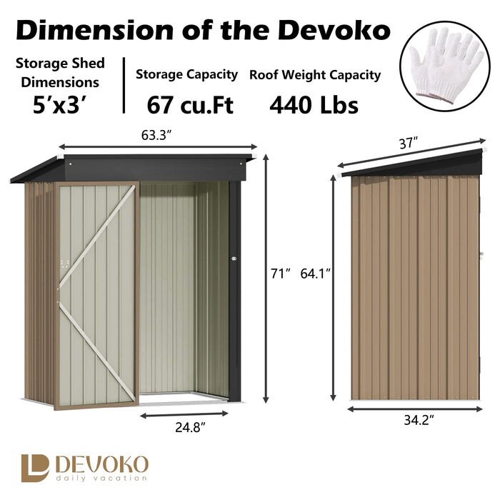 Devoko Outdoor Storage Shed 5 x 3 FT Lockable Metal Garden Shed Steel Anti-Corrosion Storage House with Single Lockable Door for Backyard Outdoor Patio (Brown)