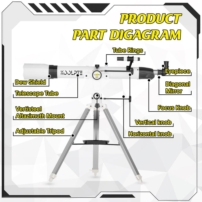 Telescope 90mm Aperture 900mm - Vertisteel AZ Mount Base, High Precision Adjustment, Magnification 45-450x, Wireless Remote, Phone Adapter - Ideal for Astronomy Enthusiasts and Beginners (White)