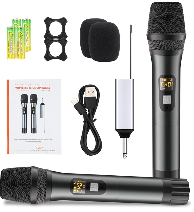 voijump Wireless Microphone, Handheld UHF Dual Metal Cordless Dynamic Mic System with Rechargeable Receiver,200ft Range,for Karaoke, Speech, Party, Wedding, Church,Singing Machine-Auto Connect