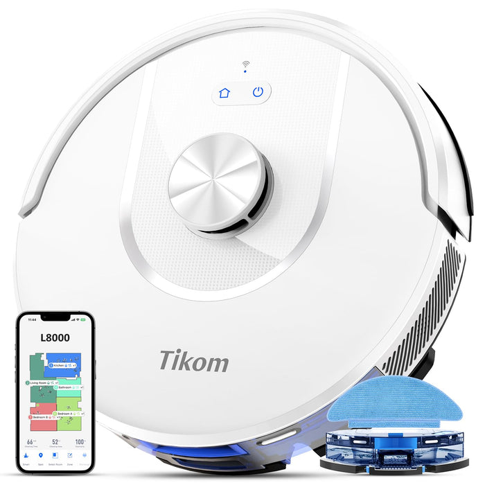 Tikom Robot Vacuum and Mop, L8000 Laser LiDAR Navigation Robotic Vacuum, 150Mins Max, 45dB, 14 No-Go Zones, 20 Virtual Walls, Self-Charging, Good for Pet Hair, Carpet, Hard Floor, White