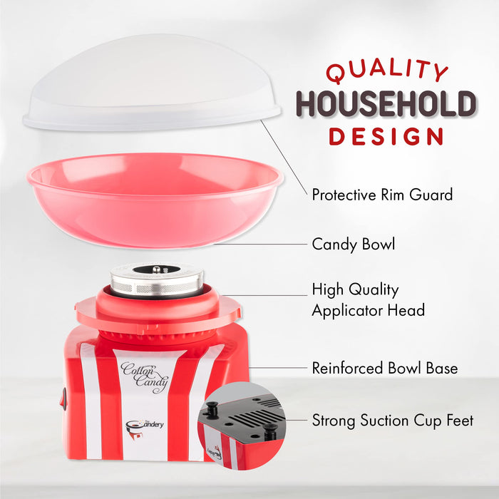 The Candery Cotton Candy Machine - Bright, Colorful Style- Makes Hard and Sugar Free Candy, Sugar Floss, Homemade Sweets for Birthday Parties - Includes 10 Cones & Scooper