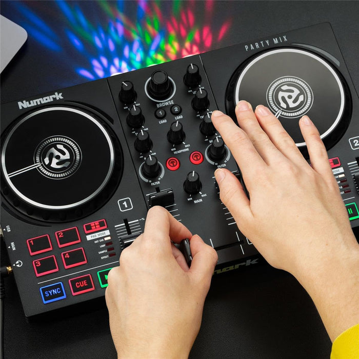 Numark Party Mix II - DJ Controller with Party Lights, DJ Set with 2 Decks, DJ Mixer, Audio Interface and USB Connectivity + Serato DJ Lite