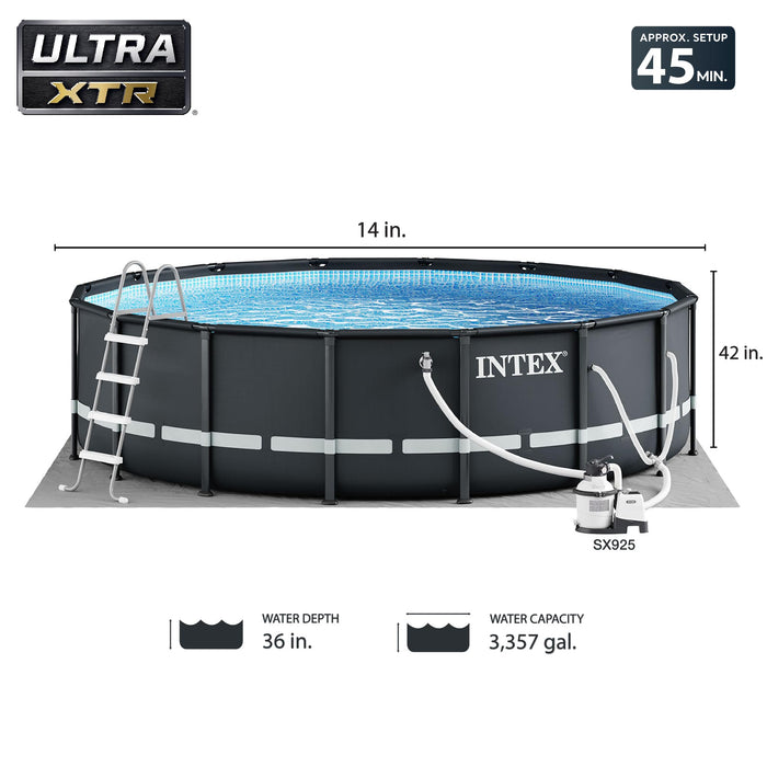 Intex Ultra XTR Frame 14' x 42" Round above Ground Outdoor Swimming Pool Set with Sand Filter Pump, Ground Cloth, Ladder, and Pool Cover