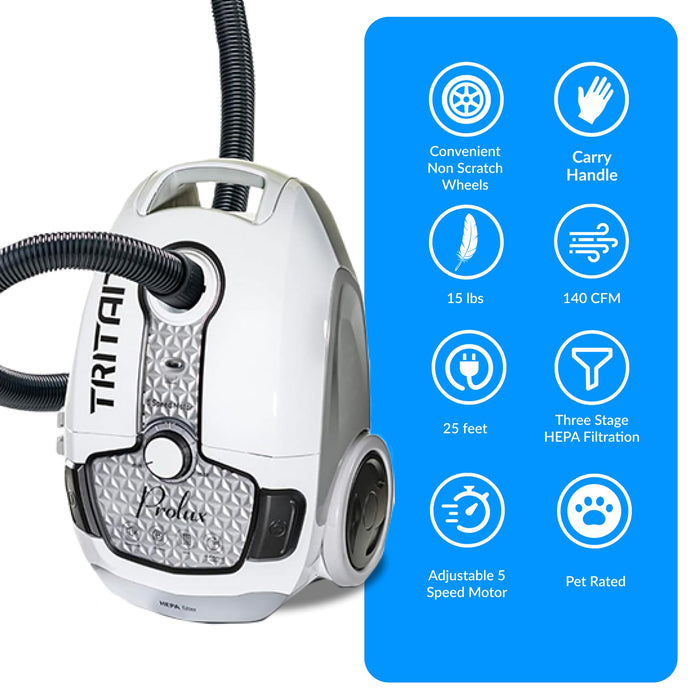 Prolux Tritan Bagged Canister Vacuum Cleaner, HEPA Filtration, Complete Home Care Tool Kit, Pet Hair Removal, Adjustable Power Setting, White