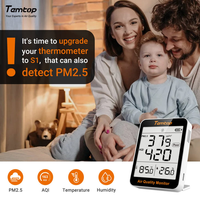 Temtop Air Quality Monitor, Indoor Thermometer Portable AQI PM2.5, Temperature, Humidity Detector for Home, Office or School, Air Quality Tester, Battery Powered, Magnetic Suction