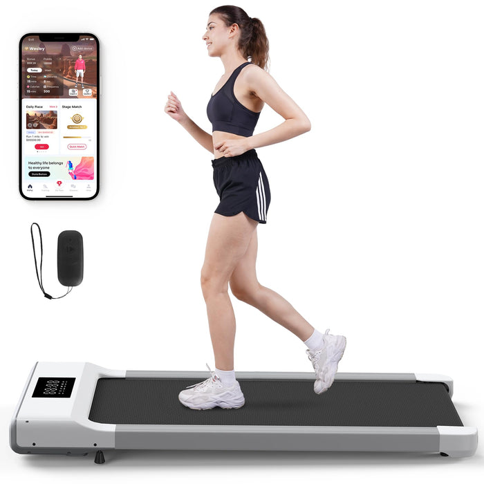 Smart Walking Pad, 2-in-1 Under Desk Treadmill for Home Office, Portable Walking/Jogging Machine with App & Remote Control, Fitness Data Recording (White-45 L)