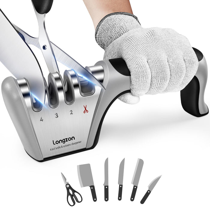 Longzon 4-in-1 Knife Sharpener [4 stage] with a Pair of Cut-Resistant Glove, Original Premium Polish Blades, Best Kitchen Knife Sharpener Really Works for Fruit Knife and Steel Knives, Scissors.