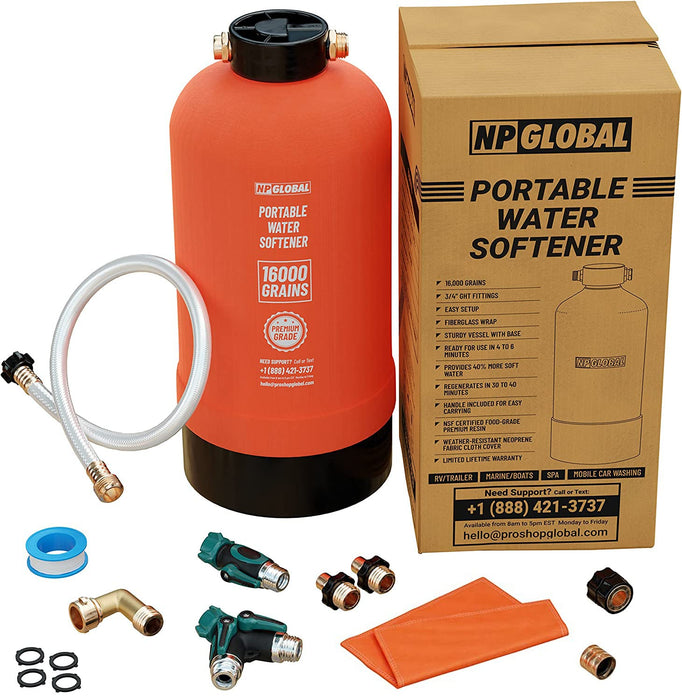 NPGLOBAL RV Water Softener Portable - 16,000 Grain, 3/4" GHT Fittings, Convenient Water Softener for RVs, Trailers, Boats, Mobile Car Washing, Pressure Washing