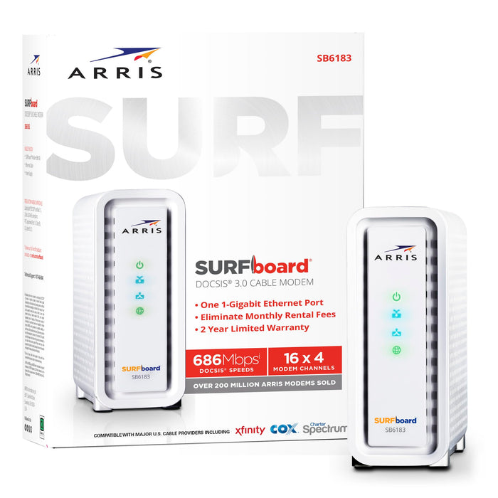 ARRIS SURFboard SB6183 DOCSIS 3.0 16x4 Gigabit Cable Modem, Comcast Xfinity, Cox, Spectrum and more, 1 Gbps Port, 400 Mbps Max Internet Speed, Easy Set-up with SURFboard Central App 2 Year Warranty