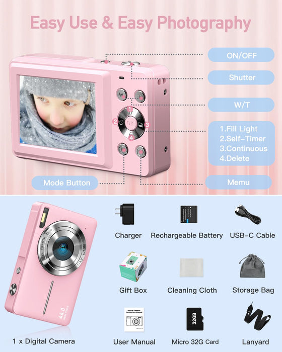 AiTechny Digital Camera for Kids, 1080P FHD Camera, 44MP Point and Shoot Digital Camera for Pictures with 32GB Card, 16X Zoom, Compact Small Vintage Camera Gifts for Teens Kids Boys Girls(Pink)