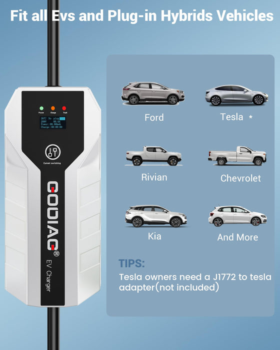 GODIAG Level 1+2 EV Charger - ETL Certified, 110V-240V, 16 Amp, 20ft Cable, Portable Electric Car Charger with NEMA 6-20 & NEMA 5-15 Plug for J1772 EVs and PHEVs