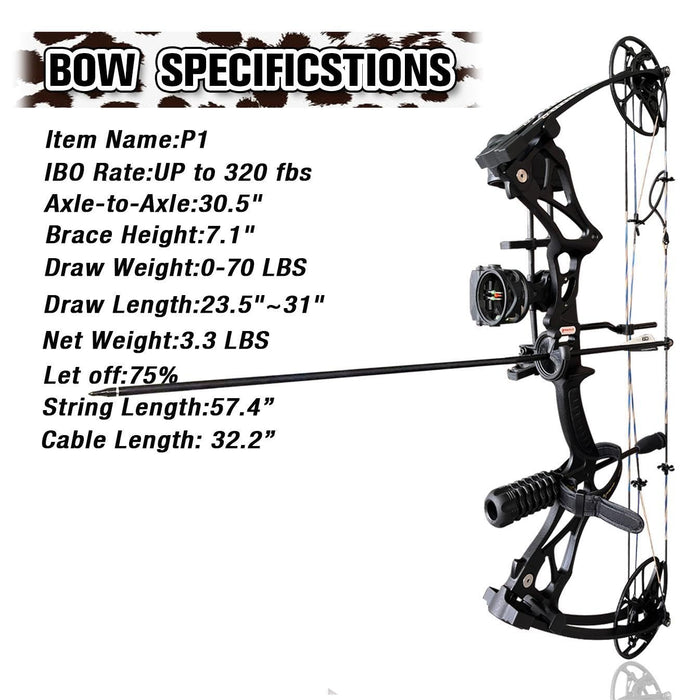 PANDARUS Compound Bow Package for Adults and Teens, 0-70 Lbs Draw Weight Limbs Made in USA,Lightweight Design，with Archery Hunting Equipment, Limited Life-time Warranty(Black Right Handed Pro)