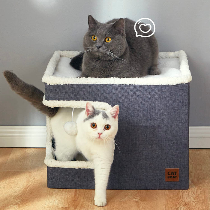 CATBOAT Cat Bed for Indoor Cats Cube House, Covered Cat Cave Beds & Furniture with Scratch Pad and Hideaway Tent, Cute Modern Cat Condo for Multi Small Pet Large Kitten Kitty, Grey