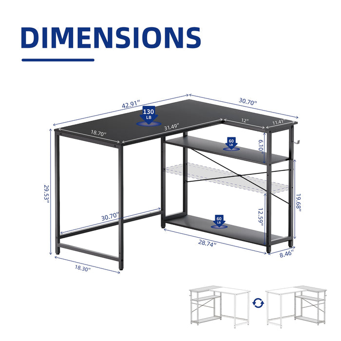 Pamray 43 Inch L Shaped Computer Desk with Reversible Side Storage Shelves, Small Corner Desk for Small Space Home Office,Writing Study Table Gaming PC Desk for Bedroom,Black