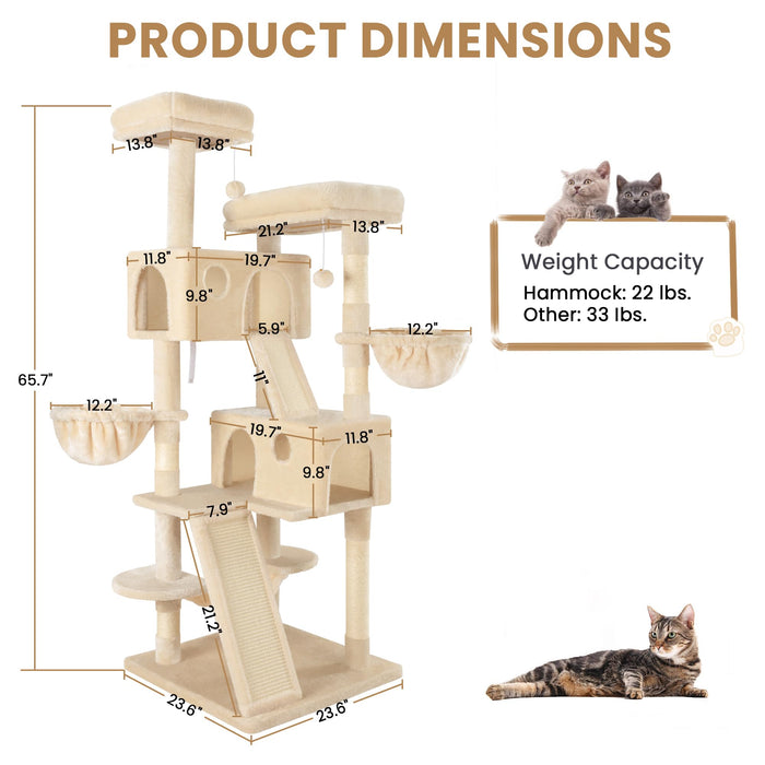 SHA CERLIN 65in Larger Cat Tree Tower Condo for Indoor Cats, Multi-Level Furniture Activity Center with Wide Base/Cozy Plush Cat Perches/Baskets/Sisal Scratching Posts and Hammock/Beige