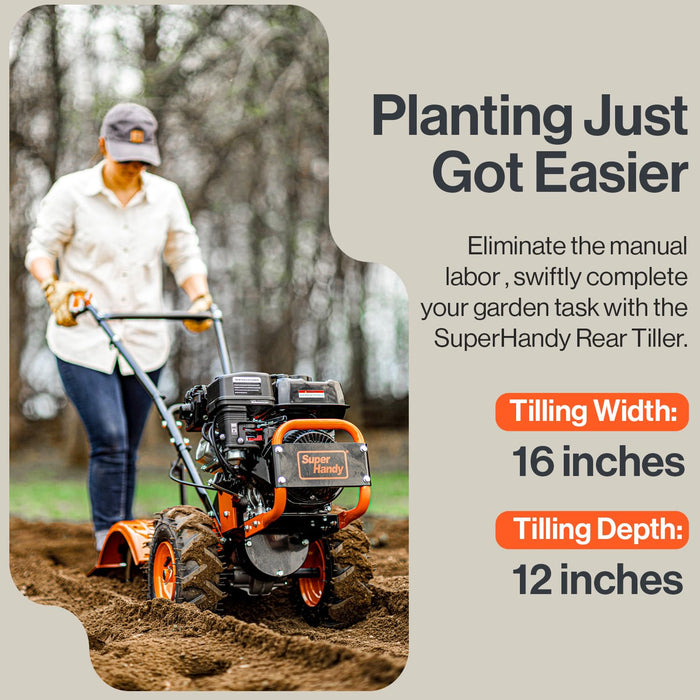 SuperHandy Rear Tine Tiller - 7HP Engine, 16" Width & 12" Depth Cultivator - Garden Soil Prep for Planting & Vegetable Beds