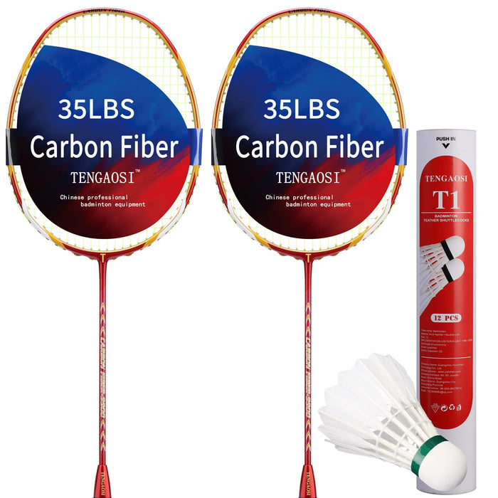 TENGAOSI - High Grade 2 Player Graphite Badminton Racket Set - Including 1 Badminton Bag/1 Rackets/2 Feather Shuttlecocks/12(RED)