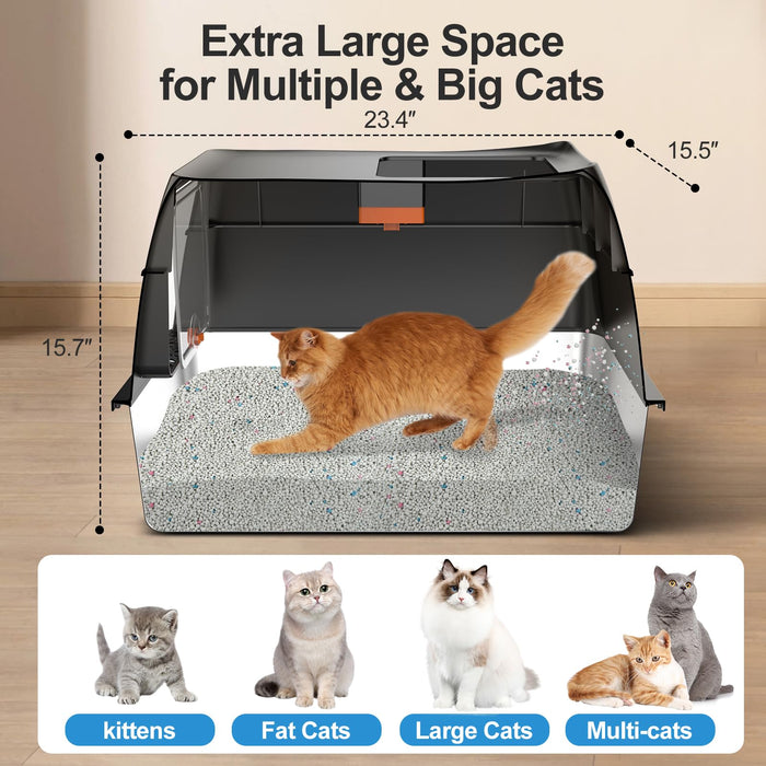 Stainless Steel Cat Litter Box with Lid,Front Entry Top Exit Kitty Litter Box,Extra Large Enclosed Metal Litter Box with Litter Scoop & Litter Mat-Black