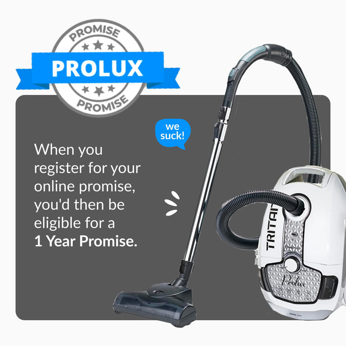 Prolux Tritan Bagged Canister Vacuum Cleaner, HEPA Filtration, Complete Home Care Tool Kit, Pet Hair Removal, Adjustable Power Setting, White