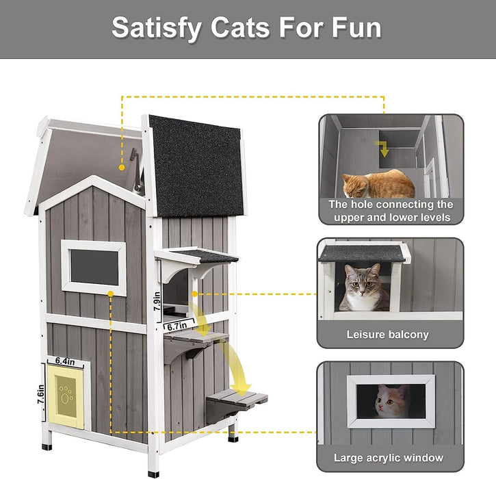 PetsCosset Outdoor Cat House Shelter Weatherproof, Two Story Wooden Outside Cat House Feral Cat House with Openable Roof, Escape Door